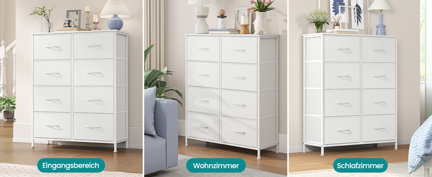 SONGMICS Комод з 8 висувними ящиками, шафа для зберігання, сталь, MDF, фліс, для спальні, прихожей, вітальні, вінтажний коричневий-чорний, LGS124BH04 (8 ящиків, хмарно-білий + сніжно-білий)