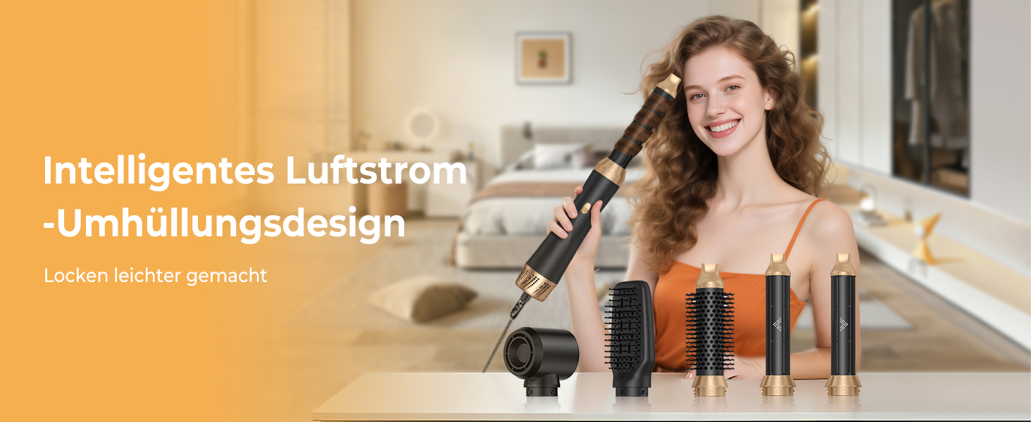 Мультистайлер для волосся 5-в-1 Faltbarer Airstyler з ефектом Коанда, високошвидкісний стайлер-фен з іонізацією та набором насадок (брашинг, локони), складаний, сріблясто-чорний