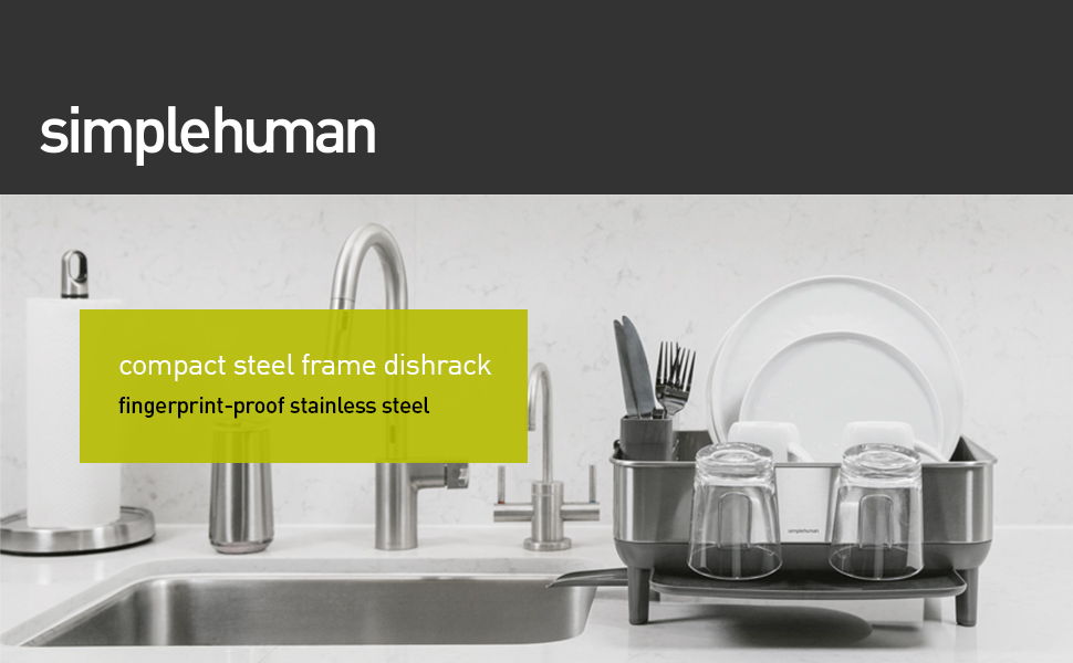 Підставка для сушіння посуду simplehuman KT1181 зі сталевим каркасом, піддоном та тримачем для столових приборів, велика, матовий нержавіючій сталь, сіра
