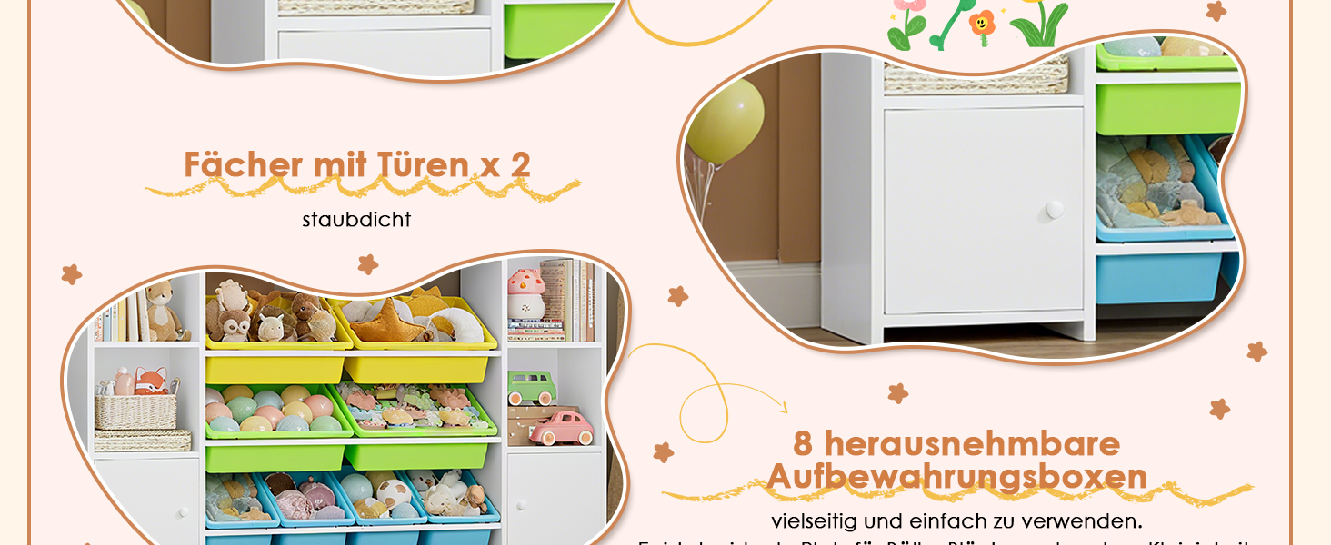 FOREHILL Дитяча полиця з 8 ящиками, дитячий шафа, книжкова полиця для дітей, органайзер для іграшок, меблі для дитячої кімнати, 138,8 x 94,3 x 29,6 см, білий (білий з зеленим)