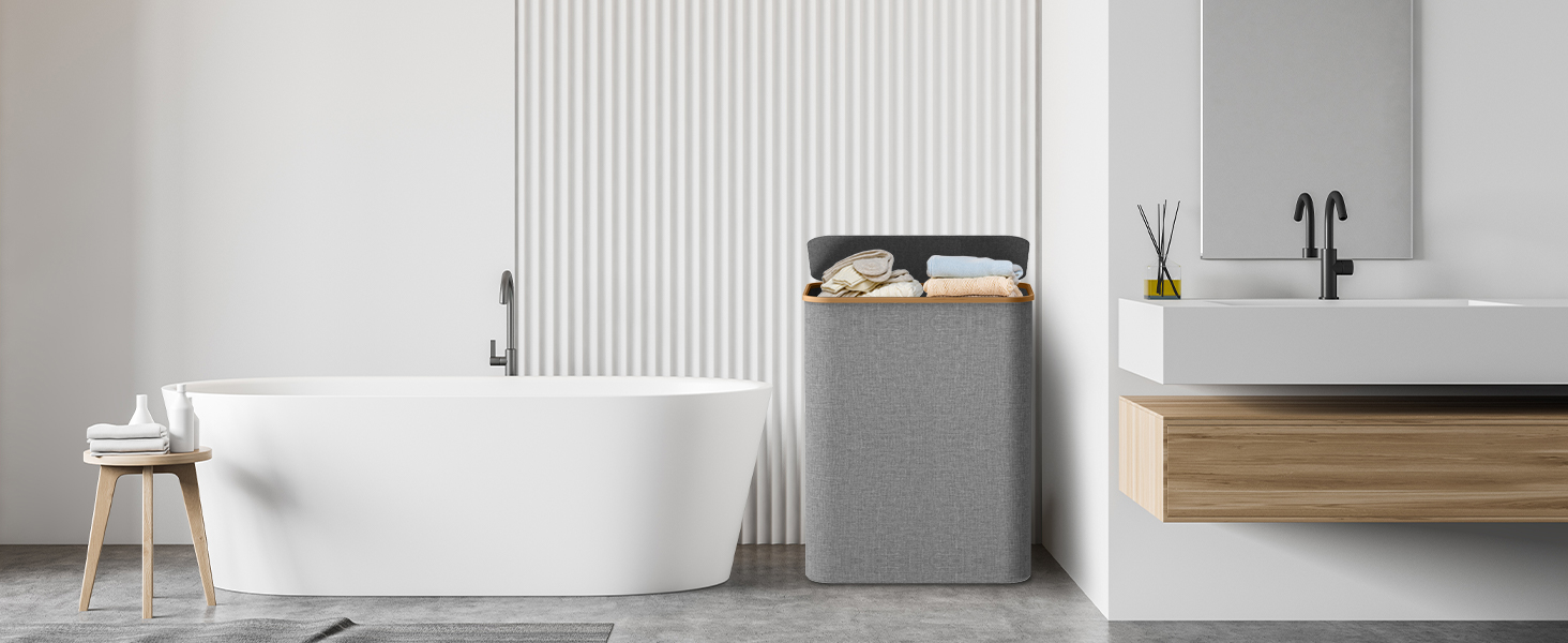 Кошик для білизни з кришкою, вузький, з бамбуковими ручками та внутрішньою кишенею, складаний, портативний, 148л, темно-сірий