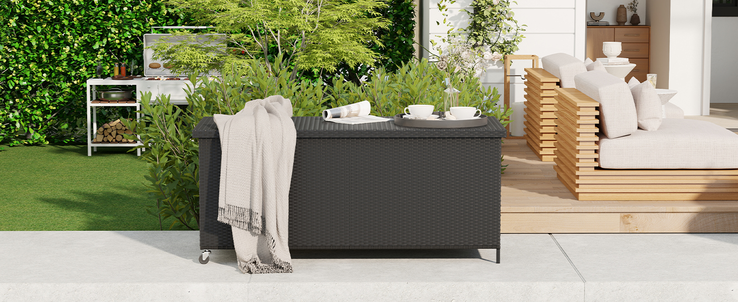 Водонепроникний садовий ящик Amopatio Gartenbox 480л з поліротангу, металевий ящик для подушок на колесах з газліфтом, чорний