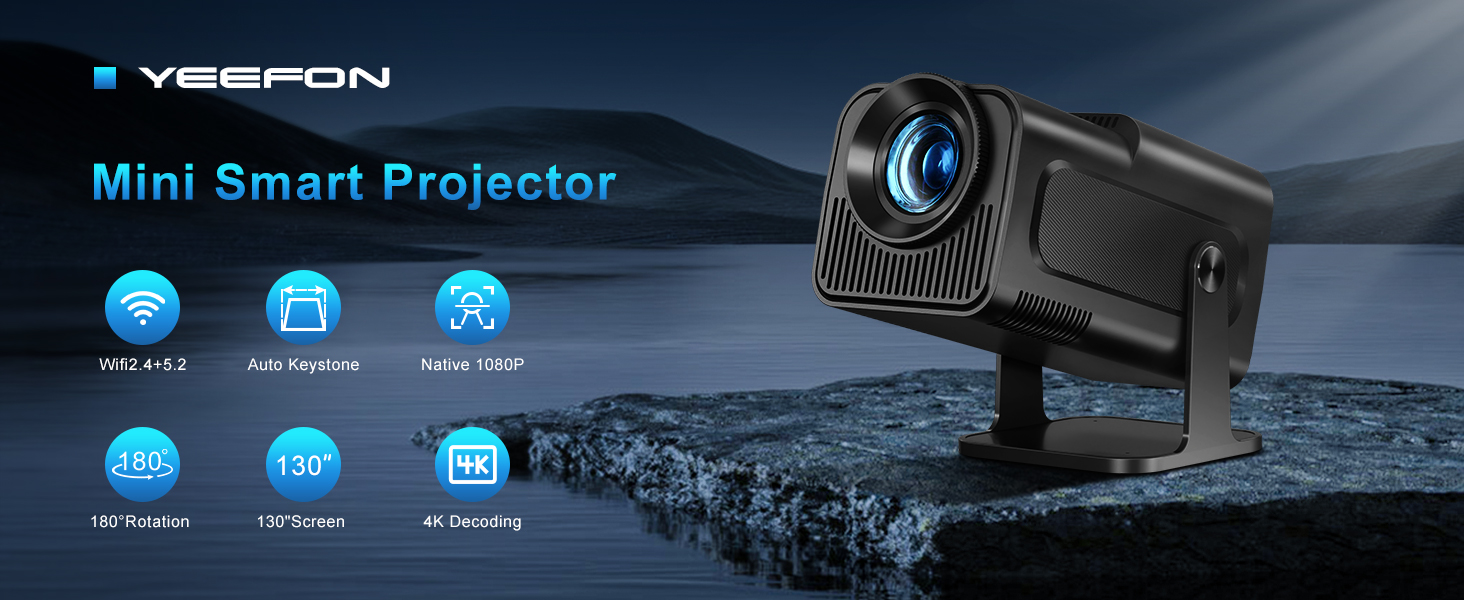 Портативний проєктор Mini Beamer 4K з підтримкою WiFi 6 та Bluetooth 5.4. Підходить для Android 11, HDMI, TV Stick, Laptop. Автоматична корекція траєкторії, обертання 360° (HY320)