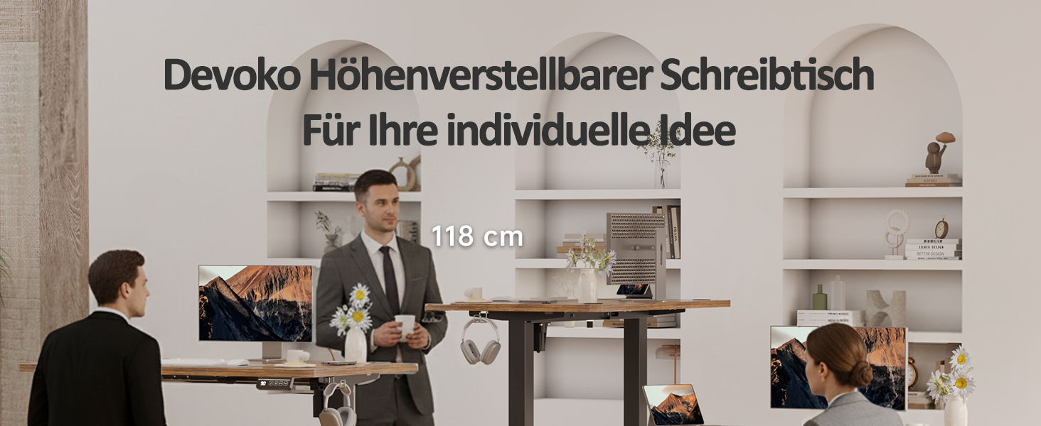 Електричний регульований стіл Devoko 120x60 см, стабільний офісний стіл, стіл для стоячи/сидячи, комп'ютерний стіл з функцією пам'яті, (Коричневий)