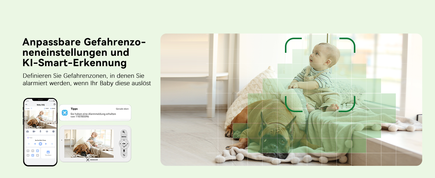 Відеоняня COCOCAM 2K 4MP з камерою та монітором 5 дюймів, Wi-Fi 2.4/5GHz, ШІ-розпізнавання, датчик перекриття обличчя та сну на животі, автотрекінг, ІК нічний зір