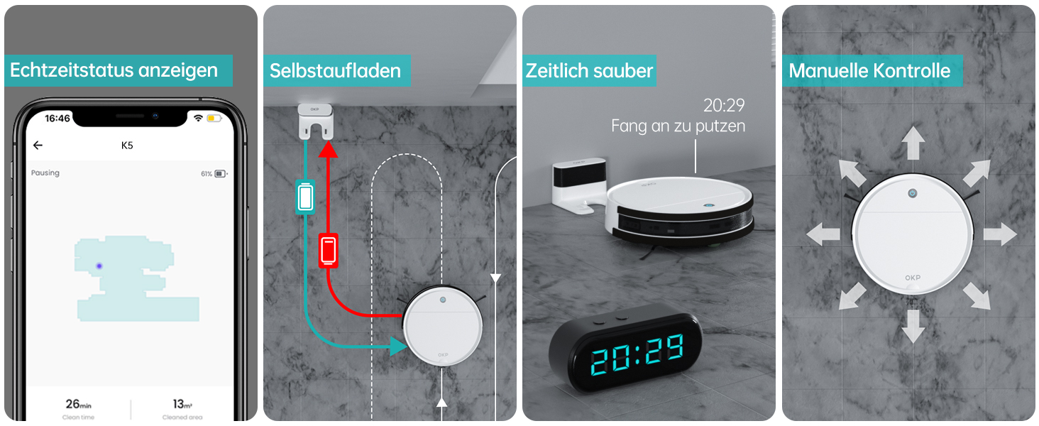 Робот-пилосос OKP K5 з потужністю 5000Pa, навігацією, HEPA-фільтром, Wi-Fi, для тварин, килимів та твердих підлог
