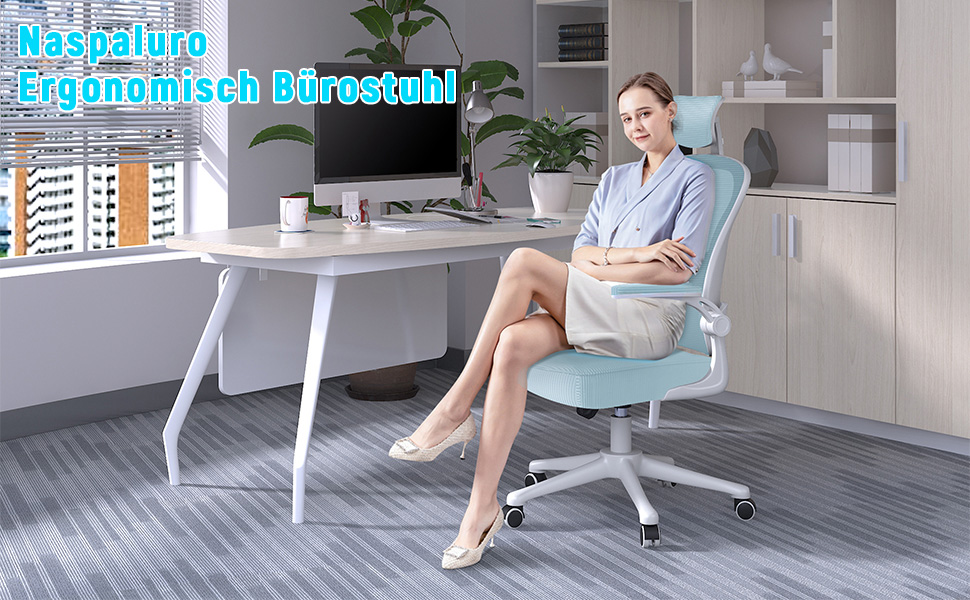 Ергономічне офісне крісло Naspiro з сітчастою спинкою, регульованими підлокітниками, підголівником, поперековою підтримкою, регулюванням висоти, поворотним механізмом 360°