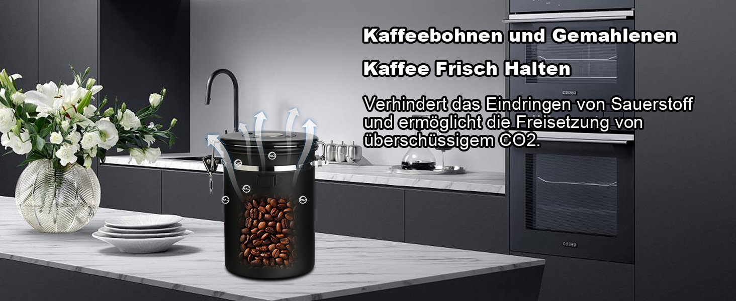 Герметична кавова банка з нержавіючої сталі, 1,8L, з датчиком дати, CO2-вентилем та мірною ложкою, для кави, чаю, горіхів, какао, чорна
