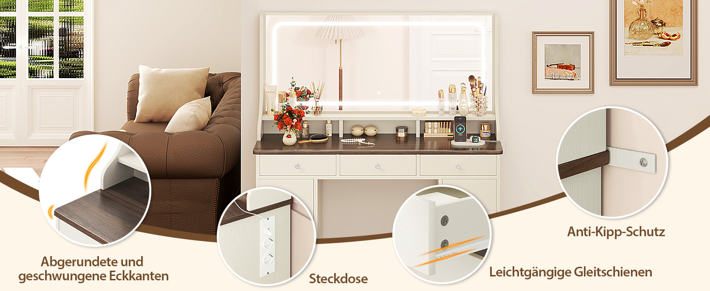 Дзеркальний туалетний столик Dripex з підсвічуванням, 11 шухляд, великий LED-дзеркало, розетка, регульована яскравість, білий (110см, вінтажний коричневий)