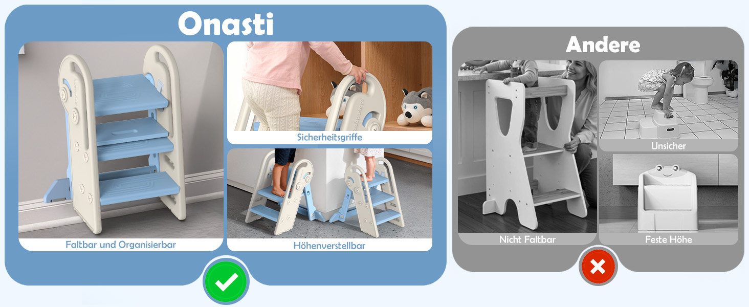 Дитячий підсвічник Onasti Tritthocker: регульована висота, 3 сходинки, з ручками, складний, антиковзний, для кухні, ванної, туалету (сірий, сіро-білий, блакитний)