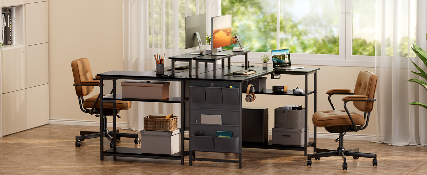 Кутовий стіл HLONONE з LED-підсвіткою та розетками, 110 x 80 см, з полицею, для комп'ютера, геймінгу, офісу, дому, білого (чорного) кольору