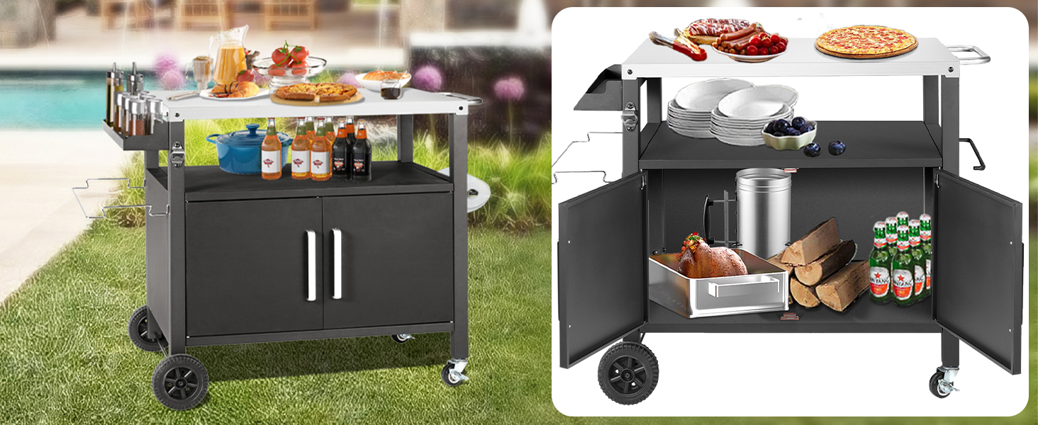 Набір для гриля з великою робочою поверхнею | Гриль-стіл, вуличний гриль-тролей, стіл з нержавіючої сталі для саду, срібно-чорний 112*59*82см