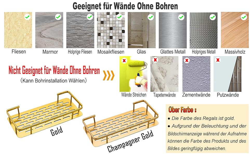 Золота полиця для душу Maifey, металева, без свердління, настінна, 2 яруси, антикорозійна, з клейким кріпленням, світле золото