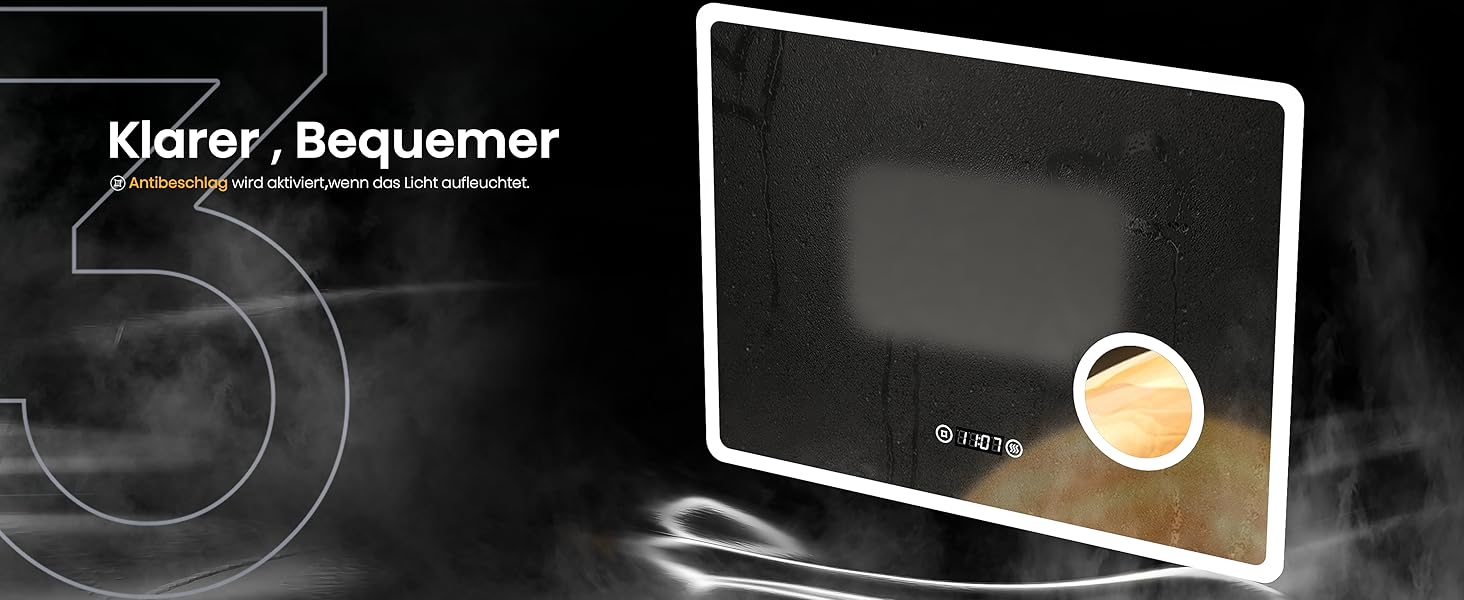 EMKE® LED дзеркало для ванної кімнати 80x60 см з підсвічуванням, сенсорне, регулювання яскравості, протитуманне, 3 кольори світла, годинник, IP44