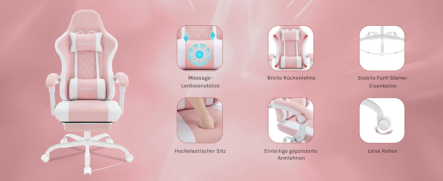 Ігровий крісло WOLTU з масажем, комп'ютерне ергономічне крісло, кишенькові пружинні подушки, масаж попереку, підголовник, підніжка, поворотне крісло, 150 кг, сітчаста тканина, Рожевий+Білий