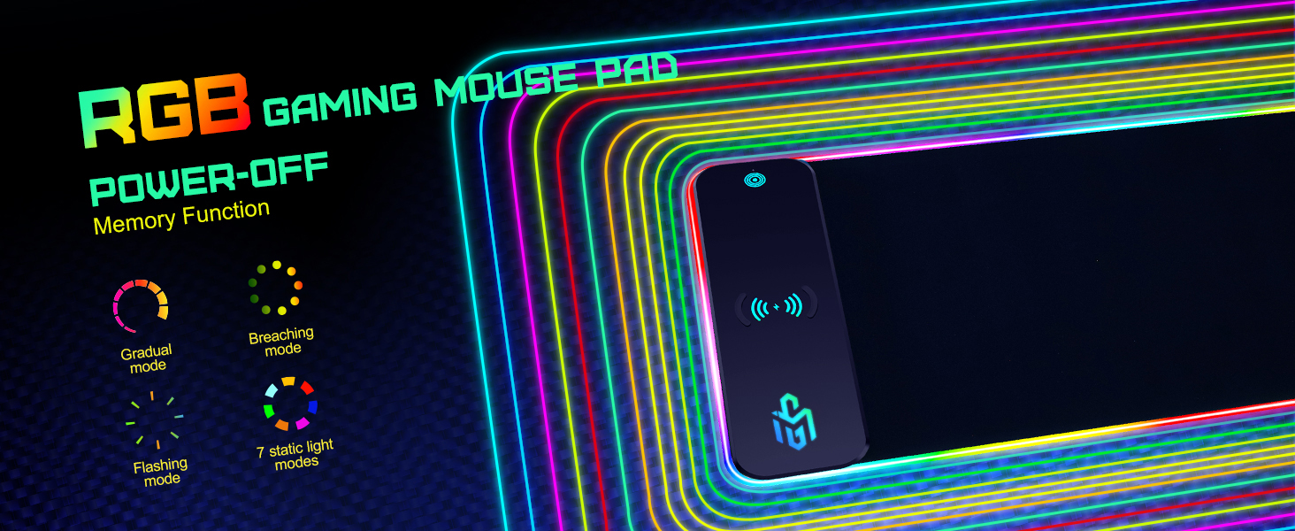 Ігрова мишка pad RGB з LED підсвічуванням та бездротовою зарядкою Qi 15W, чорний. Підходить для геймінгу, офісу та дому. Вологостійкий, з антиковзаючою поверхнею.