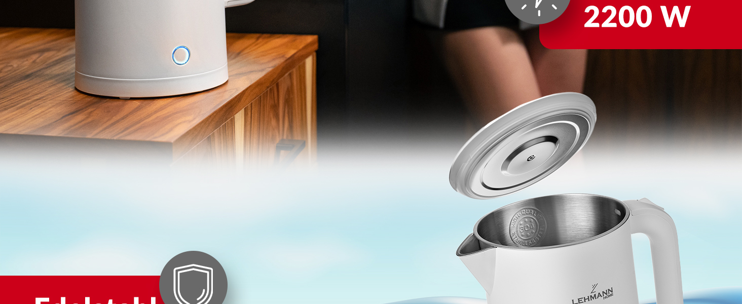 Електричний чайник Lehmann Edelstahl 1.7L, 2200W з подвійними стінками, автоматичне відключення, захист від перегріву, BPA-free, для дитячого харчування, чаю та кави (Білий)