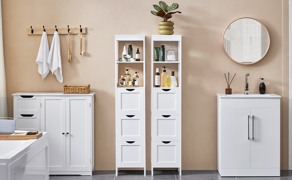 Шафа у ванну кімнату Yaheetech з 3 висувними ящиками та 2 відкритими полицями, 30 x 30 x 142 см, біла