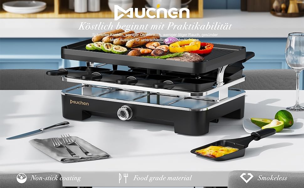 Електричний гриль для раклет Muchen на 8 осіб з антипригарним покриттям, 1200W, 8 сковородок та 8 скребків