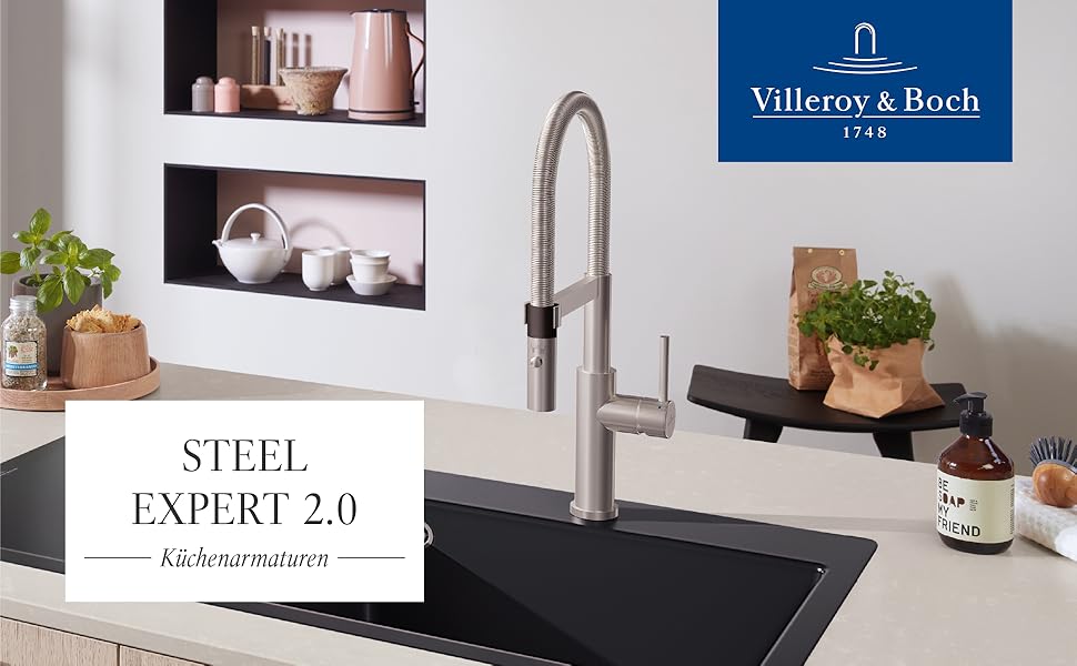 Змішувач кухонний Villeroy & Boch Steel Expert Compact, чорний матовий, з висувним гусаком та перемикачем, висота 170мм