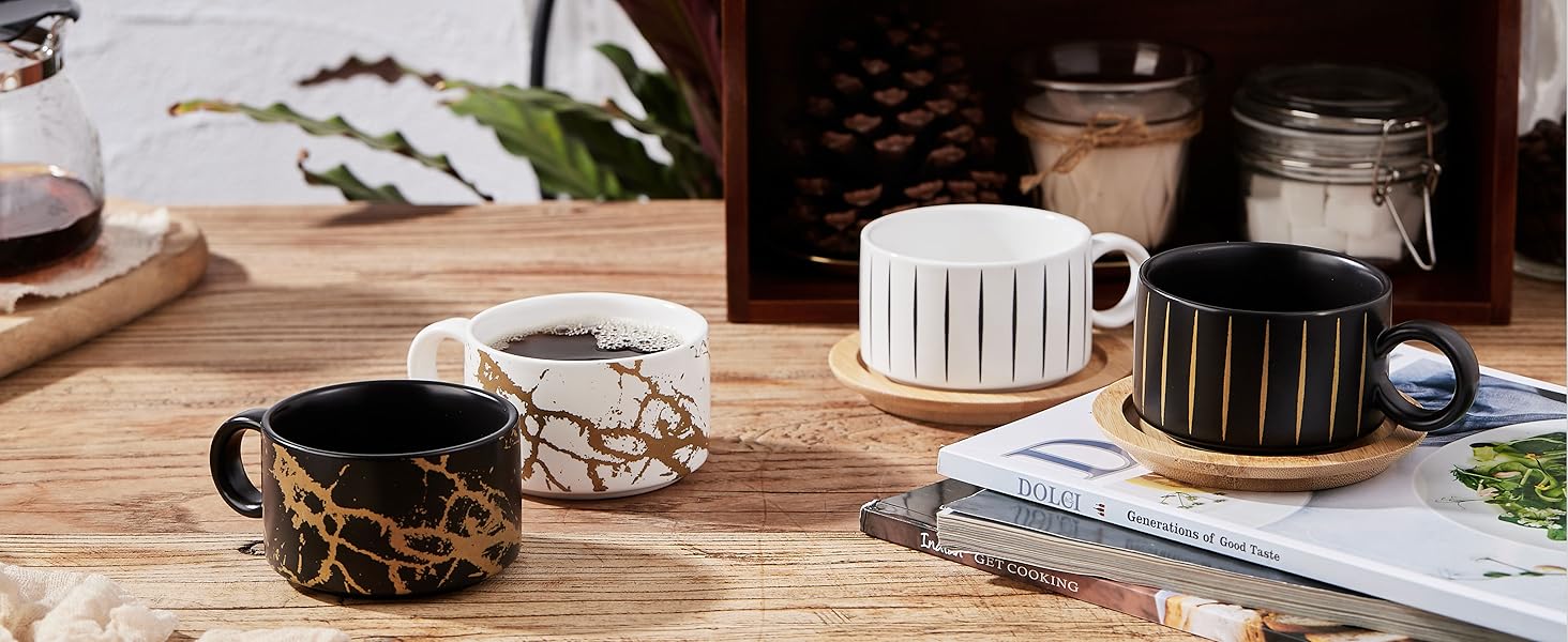 Набір кавових чашок Cappuccino HOME DECOR (4 шт, 160 мл) з підставками та стійкою - 160 мл, Stripe, кераміка