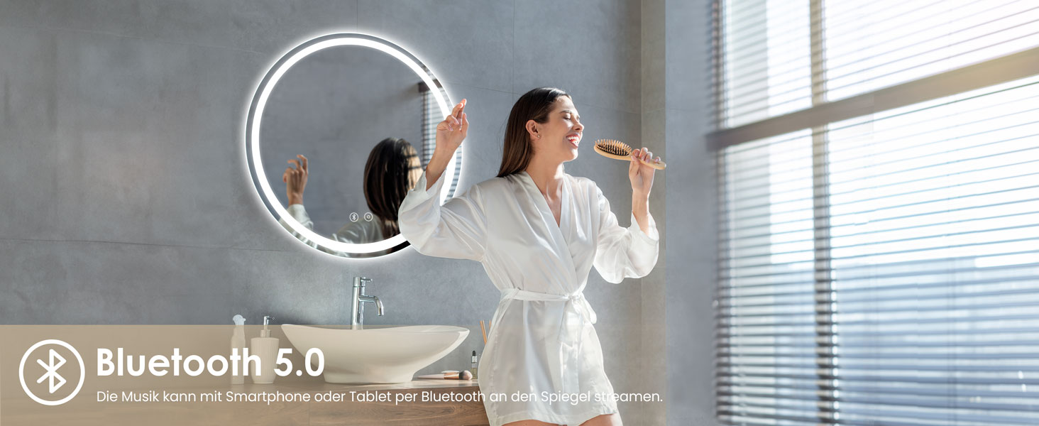 Дзеркало для ванної кімнати Dripex круглої форми з підсвічуванням LED, сенсорне керування, регулювання яскравості, 3 кольори світла, запобігання запотіванню, 50x50 см (Bluetooth, запобігання запотіванню, 3 кольори, регулювання яскравості)