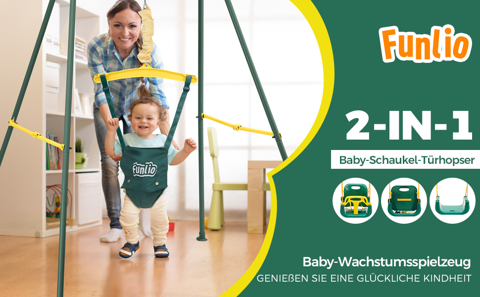 FUNLIO Набір 2-в-1: гойдалка та дверний батут для малюків. Гойдалка для дітей з 4 мішками з піском, складаний металевий стійка для використання в приміщенні та на вулиці, легко збирається та зберігається. (Зелений)