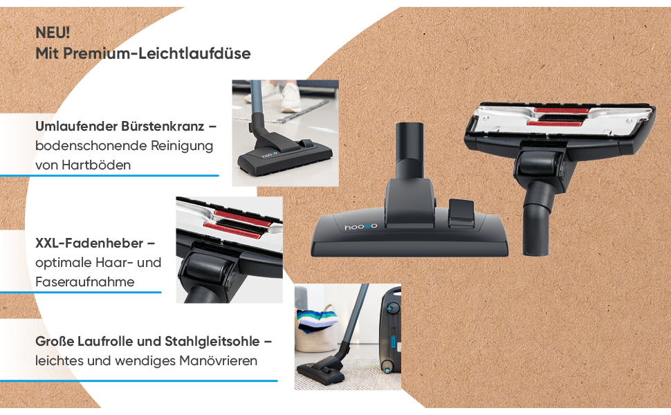 Пилсос Hoogo B3+ з мішком | Пилсос для підлоги | Потужний, з HEPA-фільтром, 850 Вт, радіус дії 11 м, тихий (74 дБ), об'єм пилозбірника 3 л, з набором насадок, білий, з кабелем