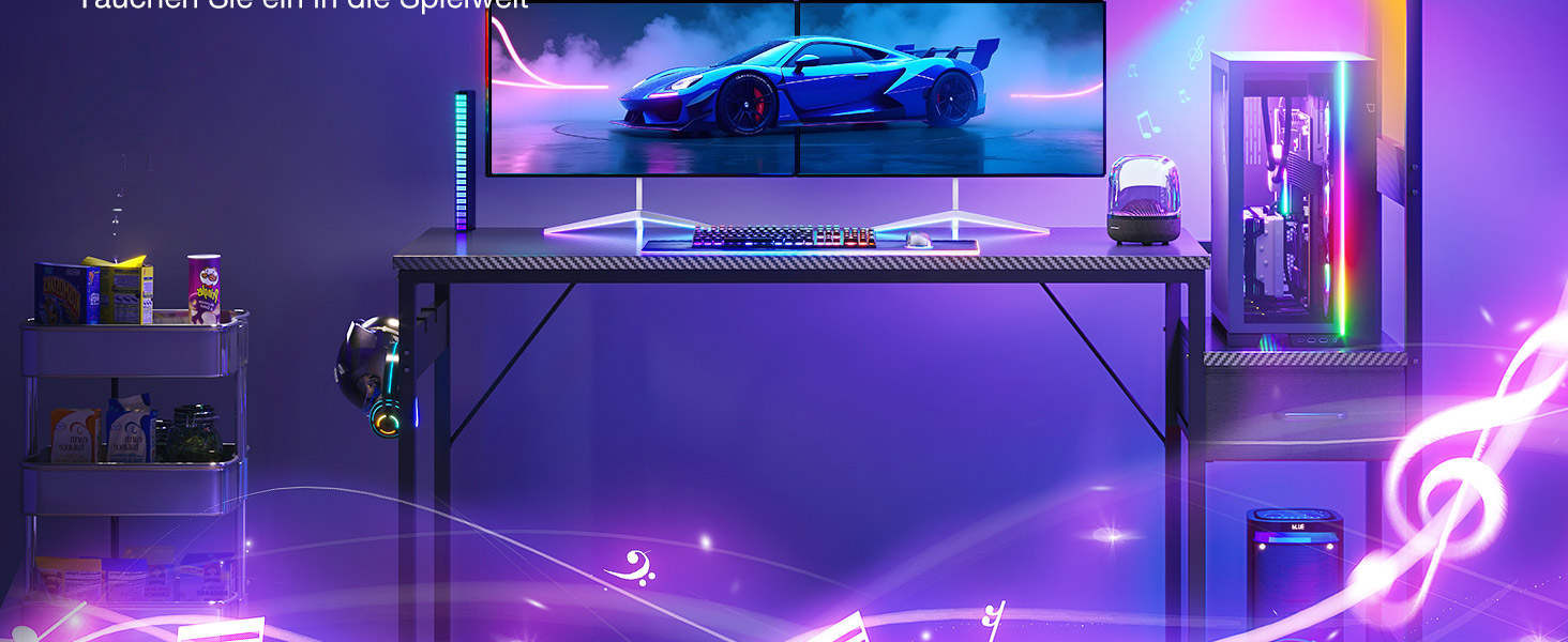 Ігровий стіл Coleshome з LED-підсвічуванням 120x48 см, з ящиками та полицею, обертовий, з тримачем для навушників, карбонове волокно чорного кольору