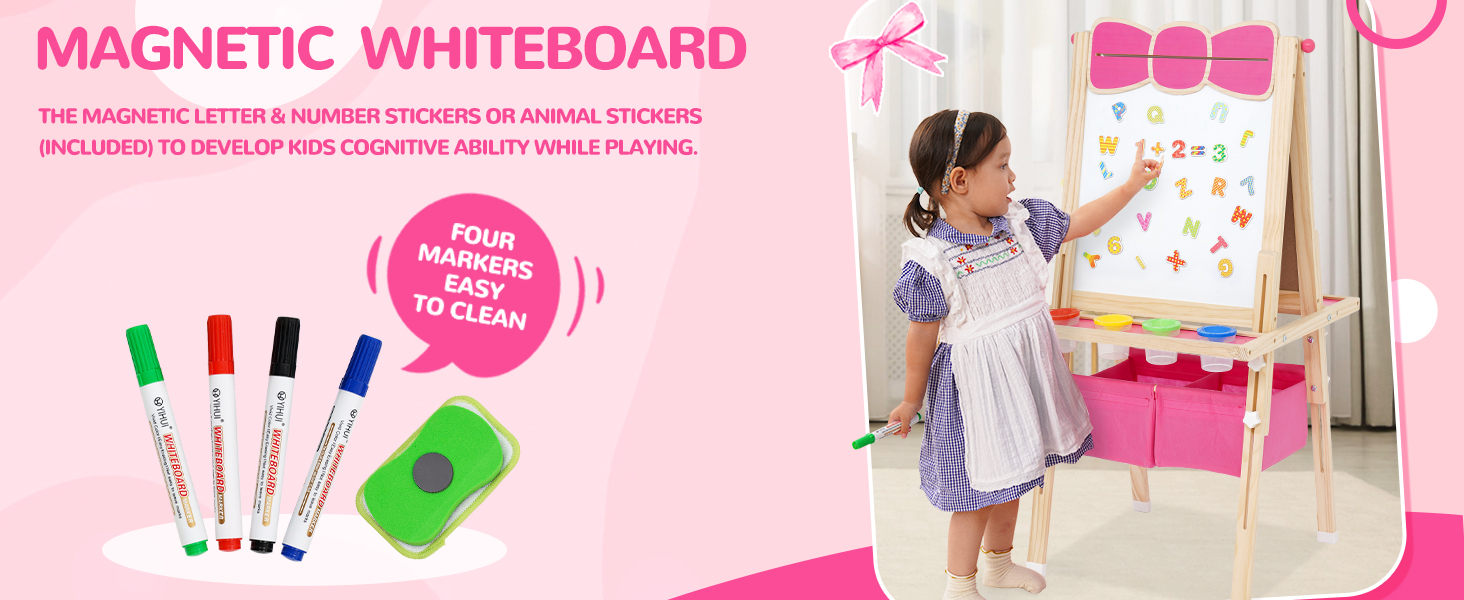 Дерев'яна мольберт Kinder Tafel з паперовою рулонкою, регульована висота, рожевий колір, двосторонній (whiteboard та дошка)