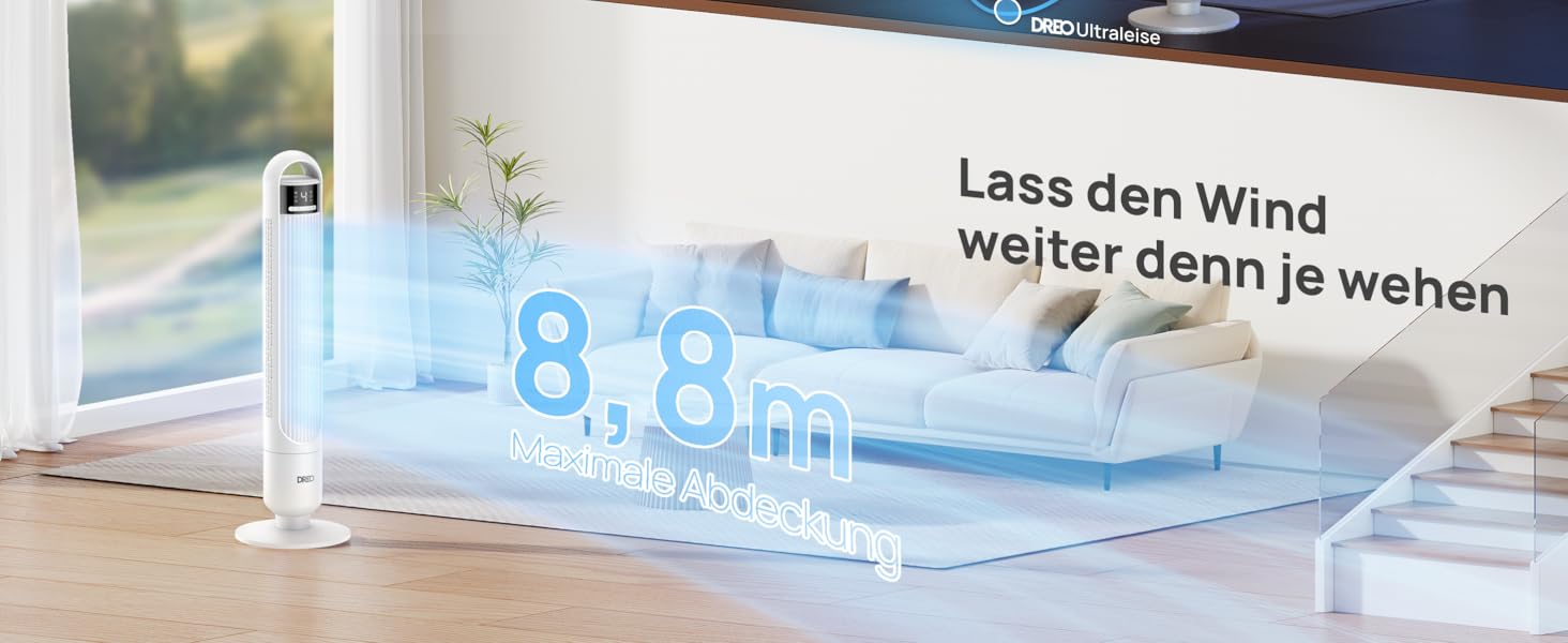 DREO Smart вентилятор без лопатей для спальні, тихий (28 дБ), висота 91.5 см, 4 режими, 3 режими роботи, таймер 8 год, керування через App, Alexa/Google, 90° поворот, для дому/офісу, білий