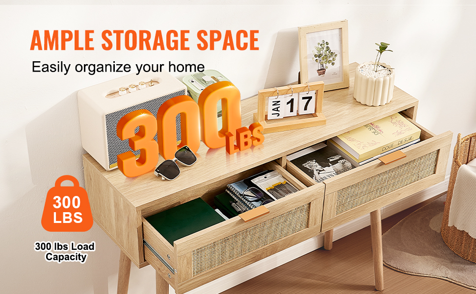 Консольний столик VEVOR з ротангу з 2 шухлядами, бежевий | для вітальні, робочого кабінету, передпокою