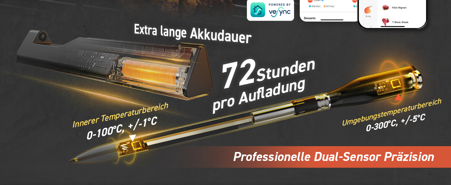 Термометр для м'яса COSORI Smart - бездротовий, Bluetooth, для фритюрниці, приготування на грилі та духовці, чорний