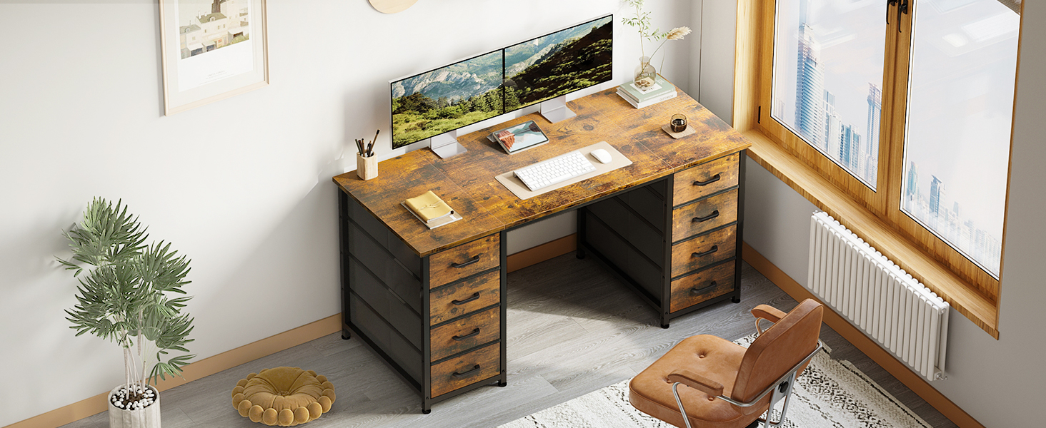 Письмовий стіл Coleshome з 8 тканинними шухлядами, 140x48 см, коричневий - комп'ютерний стіл для офісу, дому, робочого кабінету