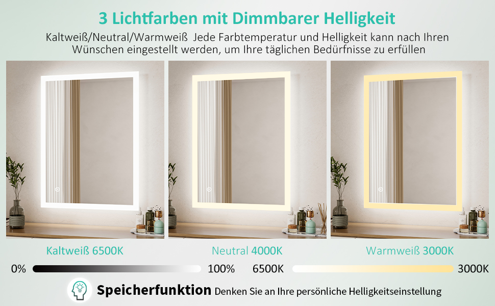 Дзеркало для ванної кімнати Boromal з підсвічуванням 80x60 см, 3 кольори світла, регулювання яскравості, LED, сенсорне керування