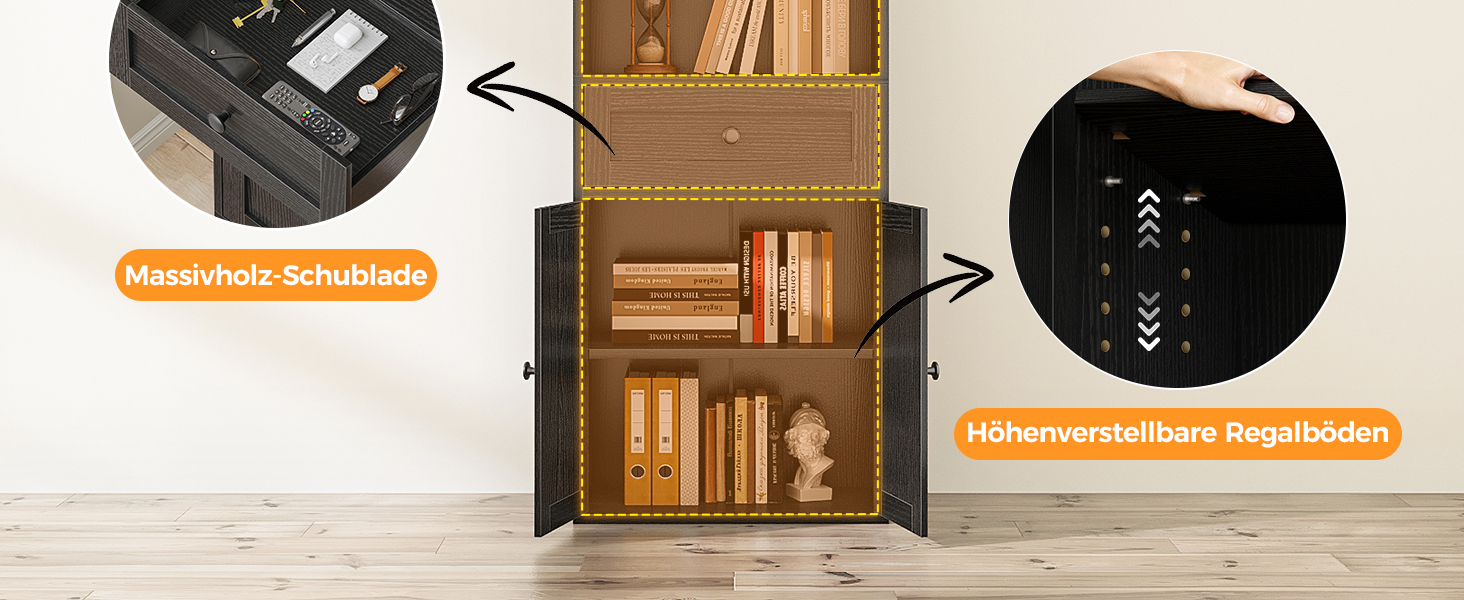 Стелаж Coleshome з дверцятами та шухлядами, 5 полиць, 48x24x164.2 см, білий/чорний