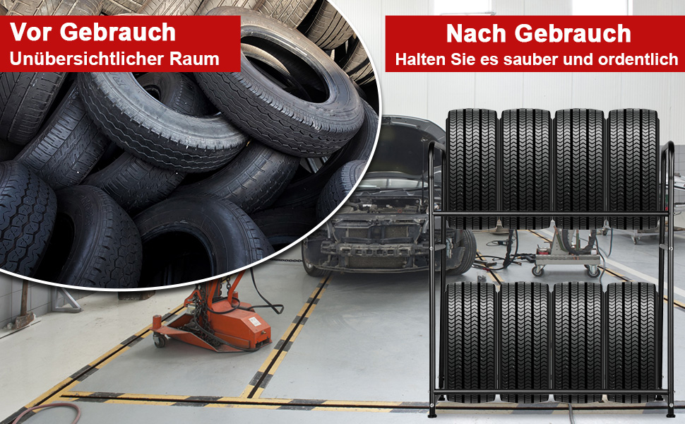 Стеляжка для шин на 8 шин: міцна конструкція, регулювання висоти, захисна накидка, 107 x 46 x 117 см, вантажопідйомність 180 кг, для гаража, підвалу, майстерні