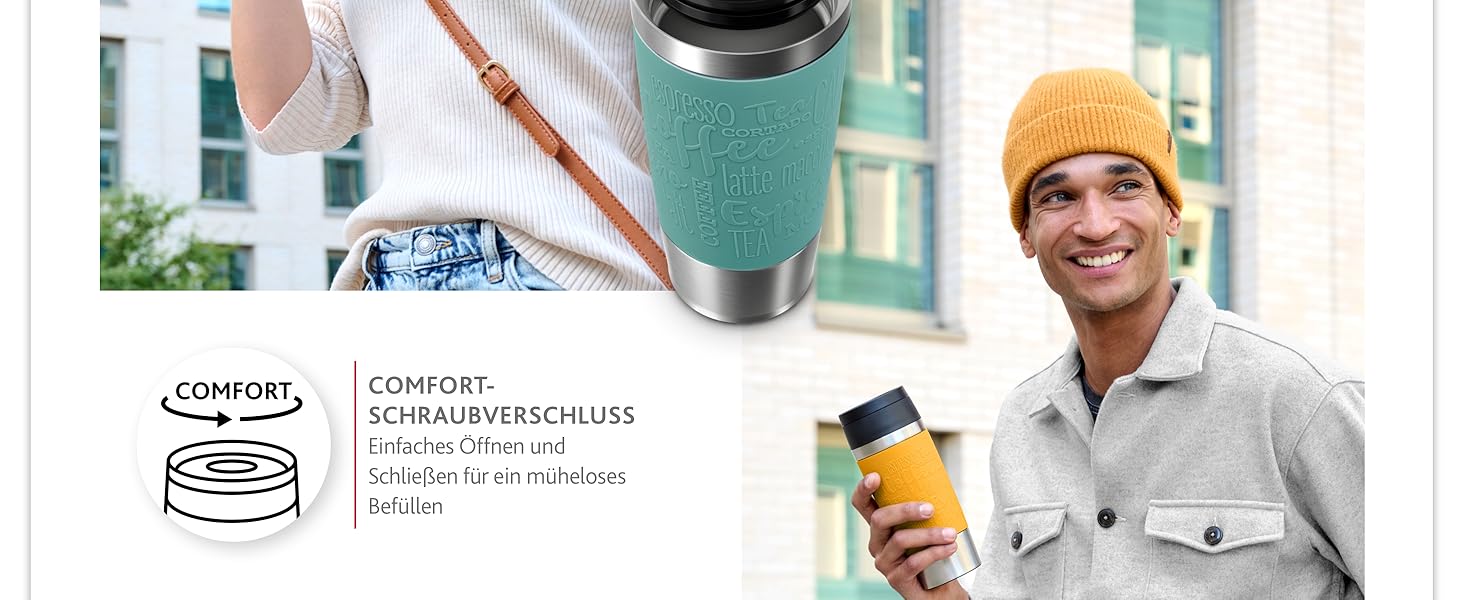 Термокружка Emsa N20210 Travel Mug Classic, 0.36 л, нержавіюча сталь, Petrol | Збереження тепла 4 години, холоду 8 годин | 100% герметична, з невеликим отвором для пиття, придатна для миття в посудомийній машині
