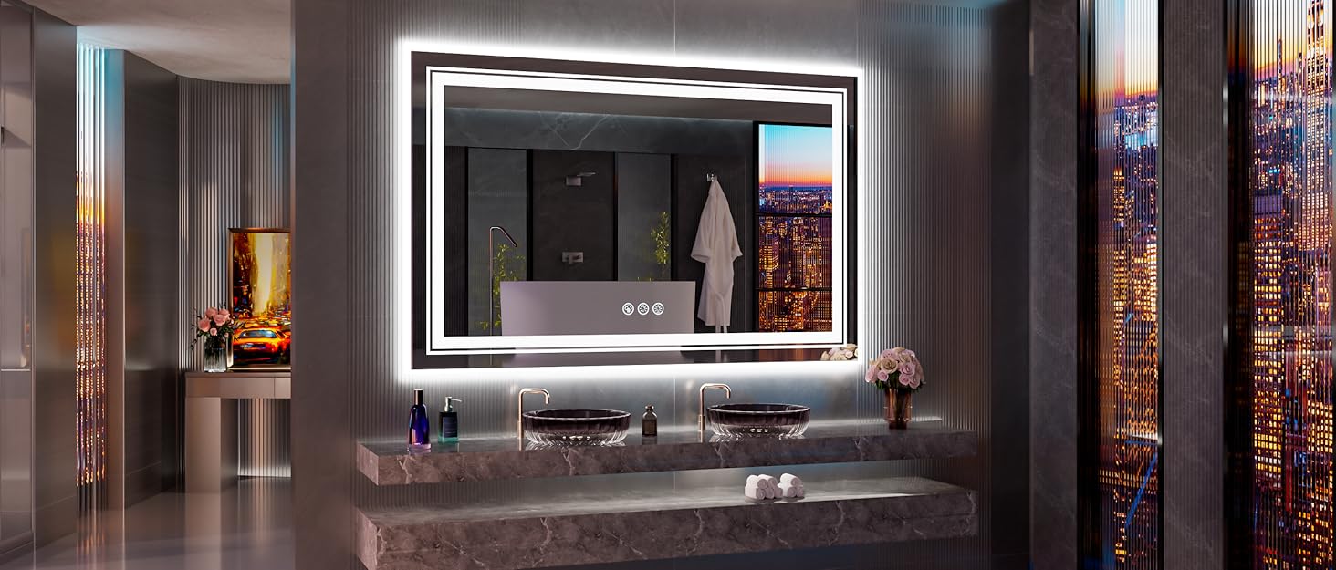 LED дзеркало для ванної кімнати 60x80 см з підсвічуванням, сенсорне керування, регулювання яскравості, 3 кольори світла, антизапар, IP44, вертикальна/горизонтальна орієнтація