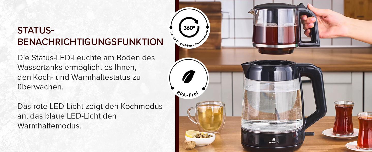 Чайник-заварник електричний Karaca Glass XL 2 в 1, чорний, 0.9л/2.2л, LED, 360°