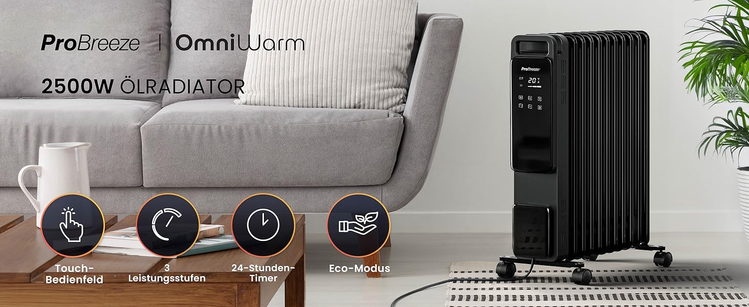 Електричний масляний радіатор Pro Breeze OmniWarm 2500W з 11 секціями, чорний - енергозберігаюча теплова панель з термостатом, таймером та захистом від перегріву