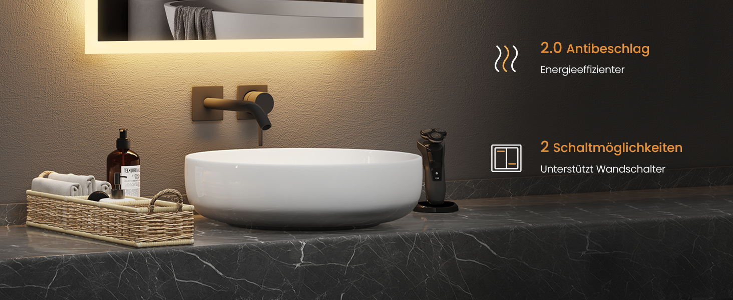 Дзеркало для ванної кімнати EMKE з підсвічуванням 120x60 см, антизапарник, кнопковий вимикач, тепле та холодне біле світло, IP44, енергозберігаюче