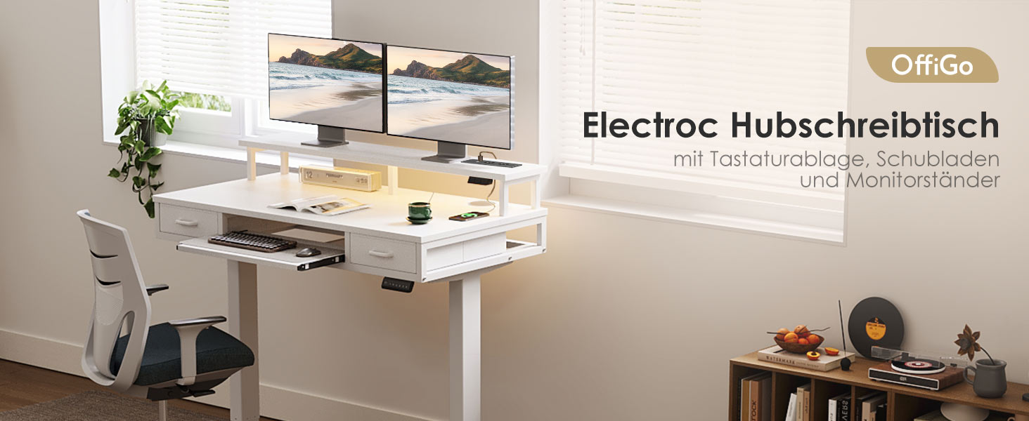 Регульований за висотою стіл OffiGo з 2 висувними ящиками та підставкою для клавіатури, 120 см. Електричний стіл з підставкою для монітора, RGB підсвічування та розетками, білий (120 x 54 см)