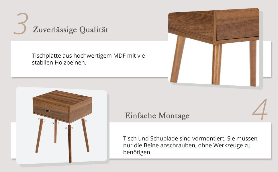 Набір з 2 тумбочок LUE BONA: сучасні приліжкові столики з прихованими ящиками та ніжками з дерева, горіх, для спальні та вітальні