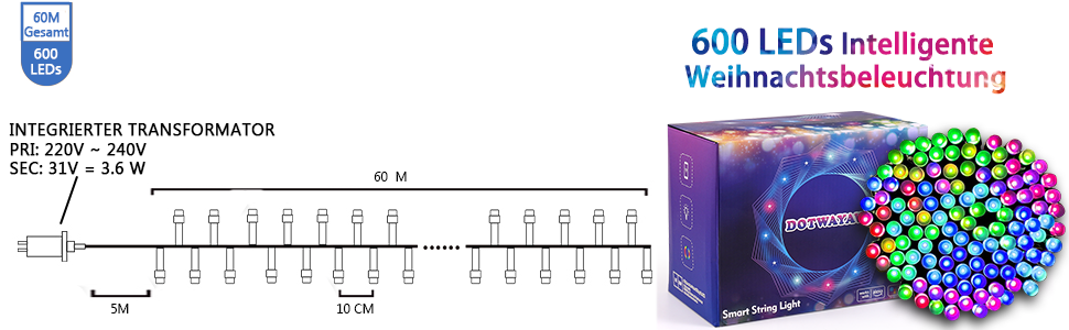 DOTWAYAW Гірлянда світлодіодна святкова 40м 400 LED, керування через додаток, 16 млн кольорів RGB, для прикраси ялинки