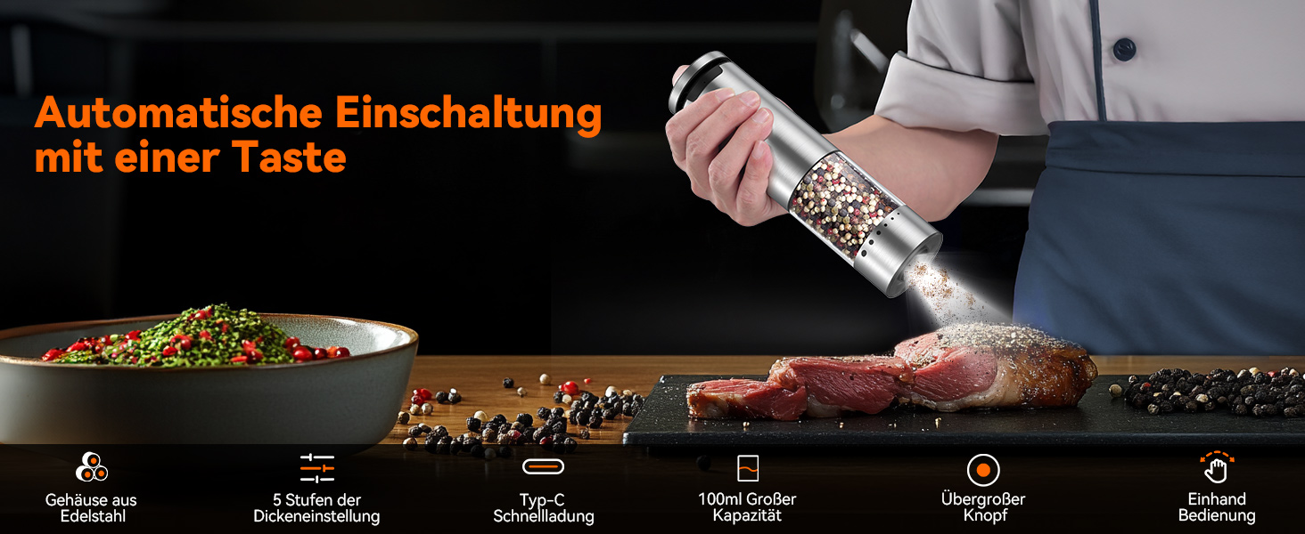 Електричні воксайон (VOXON) набори для солі та перцю (2 шт.) з USB-зарядкою, велика ємність, регулювання помелу, керамічний млин, LED-підсвітка, для барбекю, ресторану, кухні, сріблясті