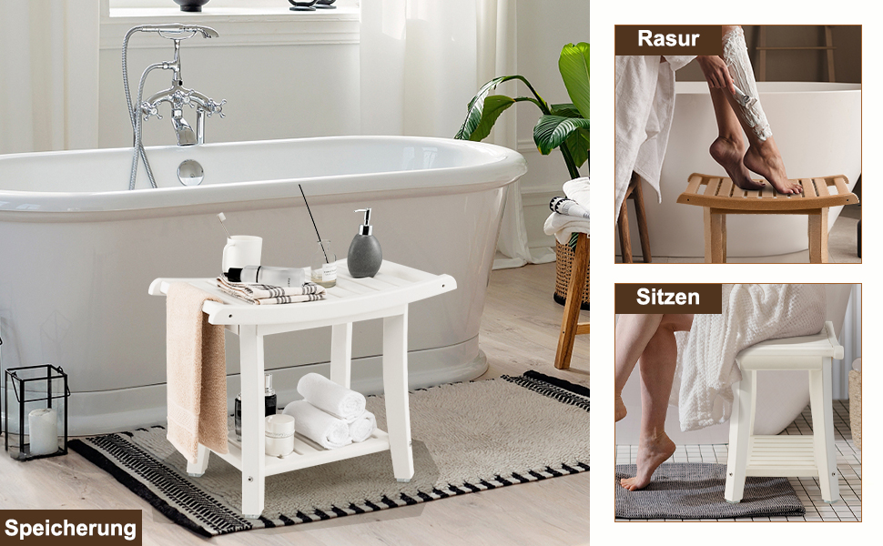 Двомісна душова лавка COSTWAY з полицею, 170 кг, біла. Душовий стільчик для дорослих та літніх людей, 60,5 x 34 x 48 см