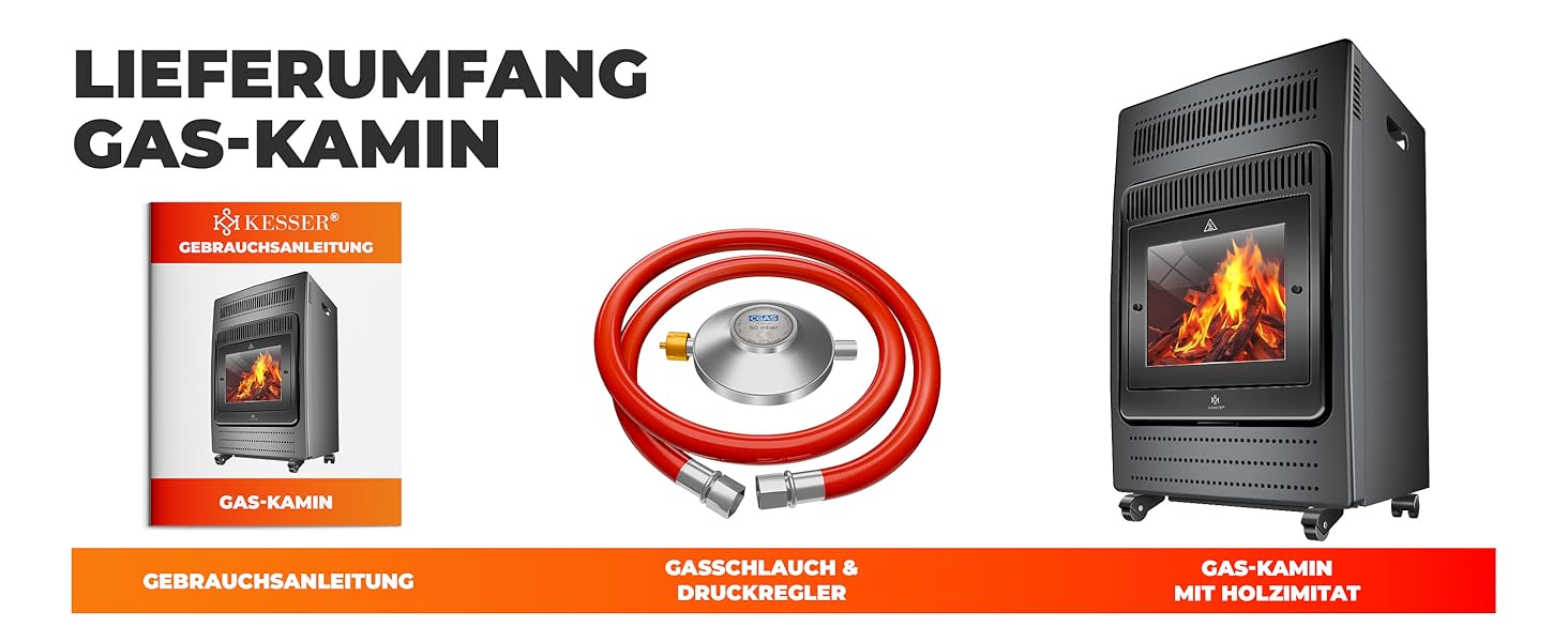 Газовий обігрівач KESSER®: газовий камін-обігрівач з інфрачервоним випромінюванням, 3.4 кВт, 2 режими, з регулятором тиску та шлангом, сумісний з бутаном/пропаном (до 11 кг), антрацит