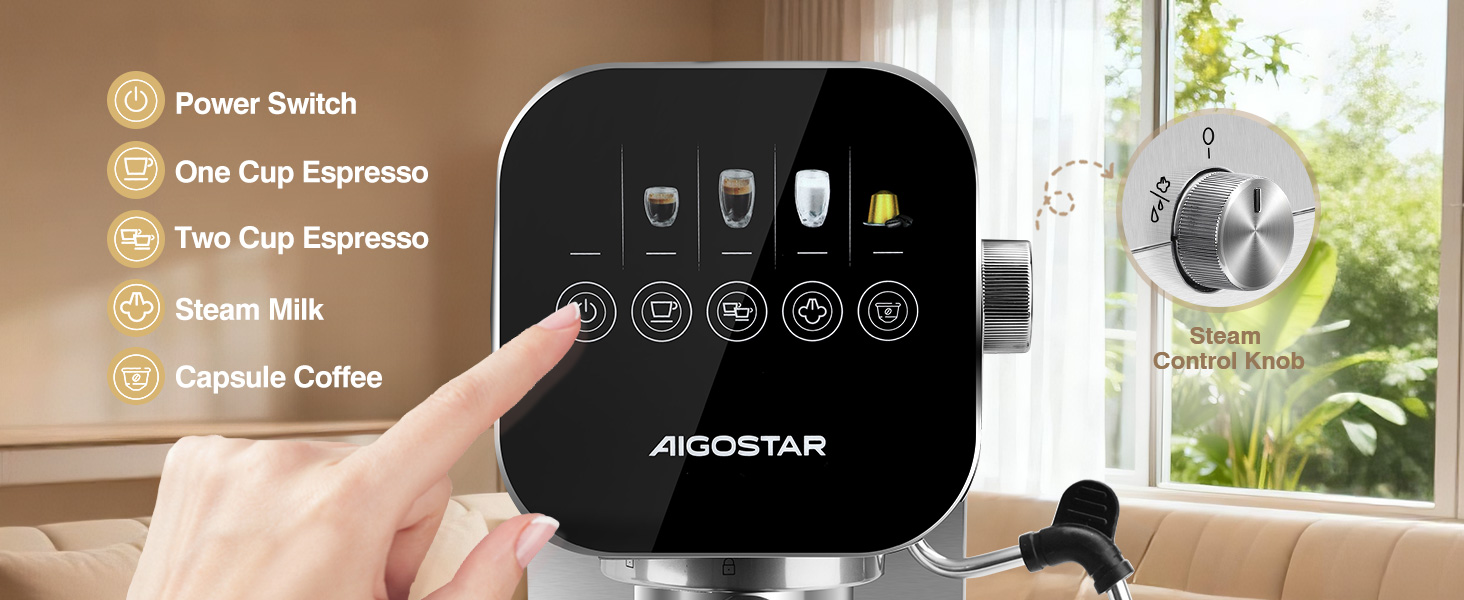 Кавомашина еспресо Aigostar з капучинатором, 20 бар, для кави в капсулах та меленої кави, 0.9л, нержавіюча сталь (чорна)