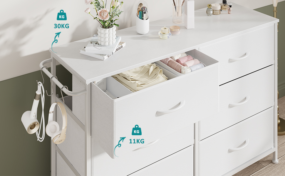 Комод Flur з 6 висувними ящиками з тканини - промисловий комод для вітальні з металу - комод для передпокою в стилі рустік - комод для спальні з тканини для одягу - білий 100x30x65 см, 6 ящиків - 100x30x65 см білий